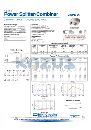 ZAPD-2+ datasheet - Power Splitter/Combiner 2 Way-0 50Y 1000 to 2000 MHz