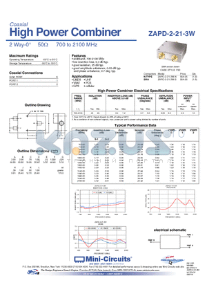 ZAPD-2-21-3W datasheet - High Power Combiner 2 Way-0 50Y 700 to 2100 MHz