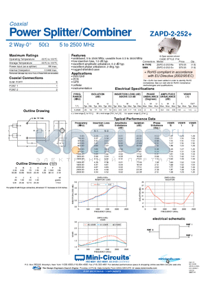 ZAPD-2-252 datasheet - Power Splitter/Combiner 2 Way-0 50Y 5 to 2500 MHz