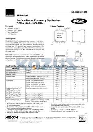 MLS9203-01815 datasheet - Surface Mount Frequency Synthesizer CDMA 1780 - 1850 MHz