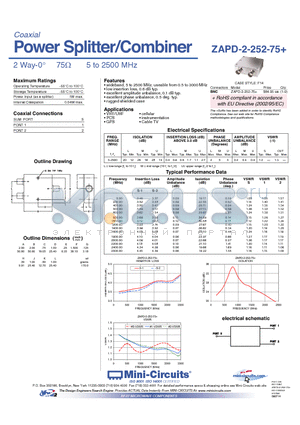 ZAPD-2-252-75+ datasheet - Power Splitter/Combiner 2 Way-0 75Y 5 to 2500 MHz