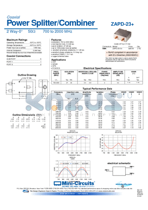 ZAPD-23+ datasheet - Power Splitter/Combiner 2 Way-0 50Y 700 to 2000 MHz