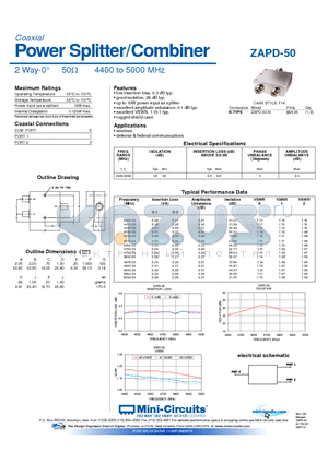 ZAPD-50 datasheet - Power Splitter/Combiner 2 Way-0 50Y 4400 to 5000 MHz