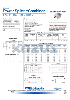 ZAPD-900-5W+ datasheet - Power Splitter/Combiner 2 Way-0 50Y 100 to 900 MHz