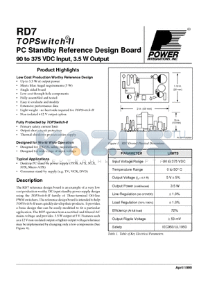 RD7 datasheet - PC Standby Reference Design Board 90 to 375 VDC Input, 3.5 W Output