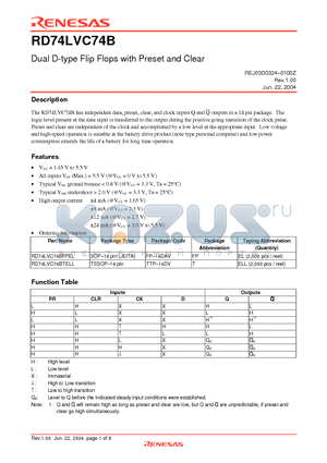 RD74LVC74BTELL datasheet - Dual D-type Flip Flops with Preset and Clear
