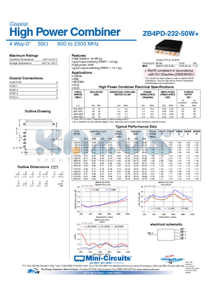 ZB4PD-232-50W datasheet - High Power Combiner 4 Way-0 50Y 600 to 2300 MHz