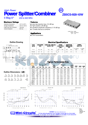 ZB5CS-920-10W datasheet - Power wer Splitter/Combiner 5 Way-0` 450 to 920 MHz