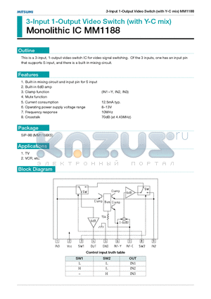 MM1188 datasheet - 3-Input 1-Output Video Switch (with Y-C mix) Monolithic IC