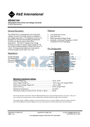 RE46C104 datasheet - Piezoelectric Horn Driver and Voltage Converter