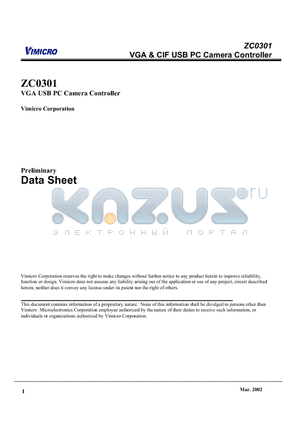 ZC0301 datasheet - VGA & CIF USB PC Camera Controller