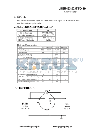 LGER433.92M datasheet - SAW resonator