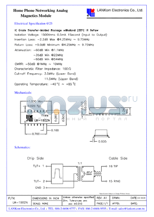 LH-1602N datasheet - Home Phone Networking Analog Magnetics Module