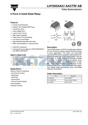 LH1503AB datasheet - 2 Form A Solid State Relay