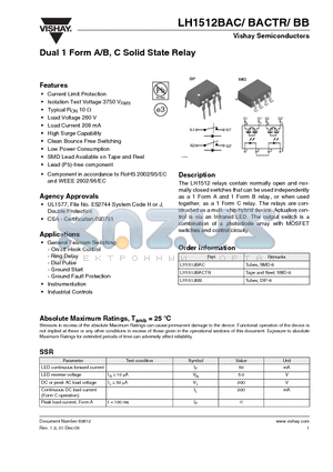 LH1512BAC datasheet - Dual 1 Form A/B, C Solid State Relay