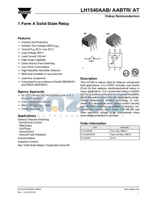LH1540AAB datasheet - 1 Form A Solid State Relay