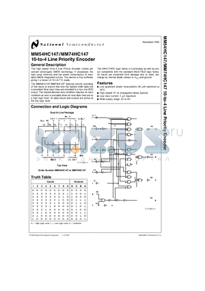 MM54HC147 datasheet - 10-to-4 Line Priority Encoder