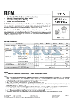 RF1172 datasheet - 433.92 MHz SAW Filter