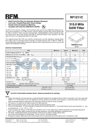 RF1211C datasheet - 315.0 MHz SAW Filter