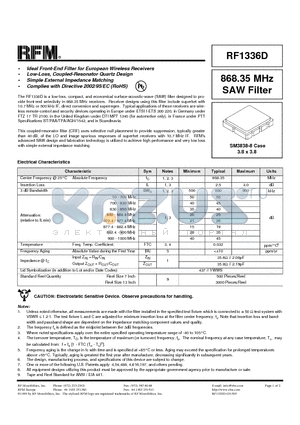 RF1336D datasheet - 868.35 MHz SAW Filter