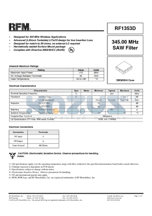 RF1353D datasheet - 345.00 MHz SAW Filter