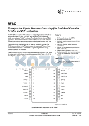 RF142 datasheet - Heterojunction Bipolar Transistor Power Amplifier Dual-Band Controller for GSM and PCS Applications