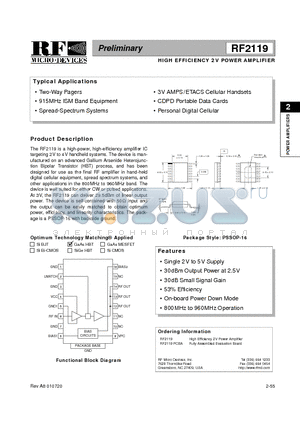 RF2119 datasheet - HIGH EFFICIENCY 2V POWER AMPLIFIER