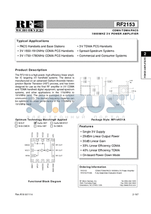 RF2153PCBA datasheet - CDMA/TDMA/PACS 1900MHZ 3V POWER AMPLIFIER