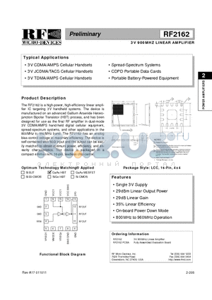 RF2162PCBA datasheet - 3V 900MHZ LINEAR AMPLIFIER