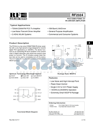 RF2324PCBA datasheet - PCS CDMA/TDMA 3V PA DRIVER AMPLIFIER