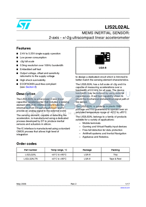 LIS2L02ALTR datasheet - MEMS INERTIAL SENSOR:2-axis - /-2g ultracompact linear accelerometer