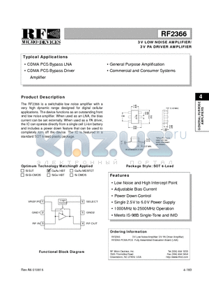 RF2366PCBA-PCS datasheet - 3V LOW NOISE AMPLIFIER/ 3V PA DRIVER AMPLIFIER