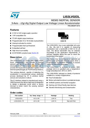 LIS3LV02DL-TR datasheet - MEMS INERTIAL SENSOR 3-Axis - a2g/a6g Digital Output Low Voltage Linear Accelerometer