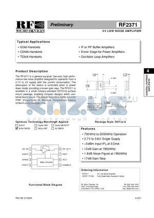 RF2371PCBA datasheet - 3V LOW NOISE AMPLIFIER