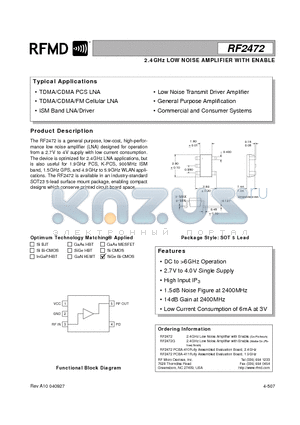 RF2472 datasheet - 2.4GHz LOW NOISE AMPLIFIER WITH ENABLE