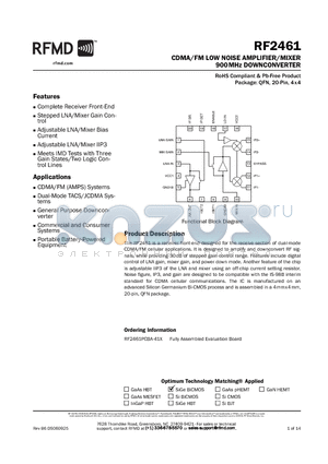 RF2461_1 datasheet - CDMA/FM LOW NOISE AMPLIFIER/MIXER 900MHz DOWNCONVERTER