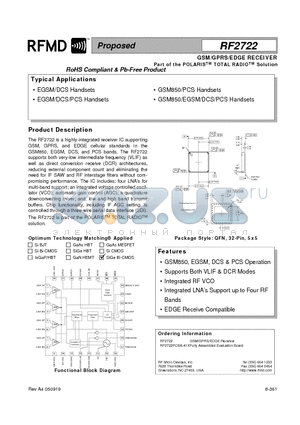 RF2722 datasheet - GSM/GPRS/EDGE RECEIVER Part of the POLARISTM TOTAL RADIOTM Solution