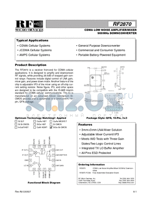 RF2870 datasheet - CDMA LOW NOISE AMPLIFIER/MIXER 900MHz DOWNCONVERTER