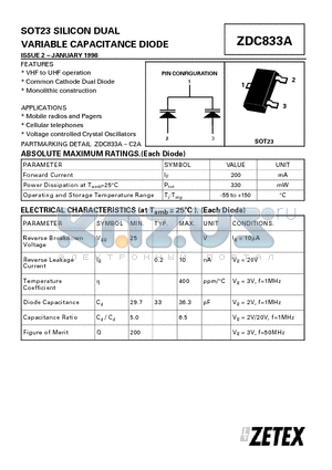 ZDC833A datasheet - SOT23 SILICON DUAL VARIABLE CAPACITANCE DIODE