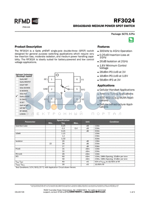RF3024SR datasheet - BROADBAND MEDIUM POWER SPDT SWITCH
