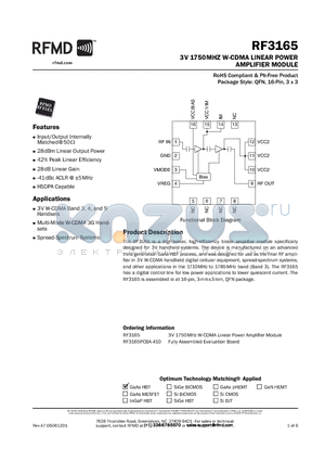 RF3165PCBA-410 datasheet - 3V 1750MHZ W-CDMA LINEAR POWER AMPLIFIER MODULE