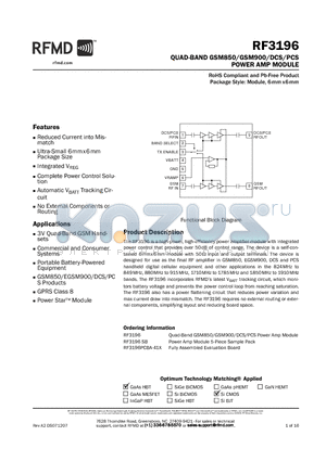 RF3196PCBA-41X datasheet - QUAD-BAND GSM850/GSM900/DCS/PCS POWER AMP MODULE