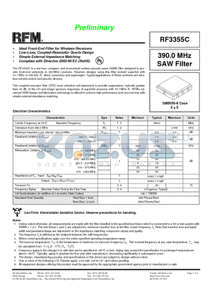 RF3355C datasheet - 390.0 MHz SAW Filter