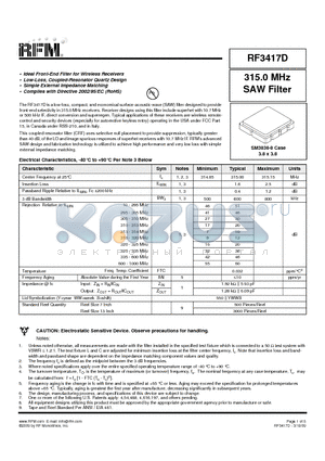 RF3417D datasheet - 315.0 MHz SAW Filter