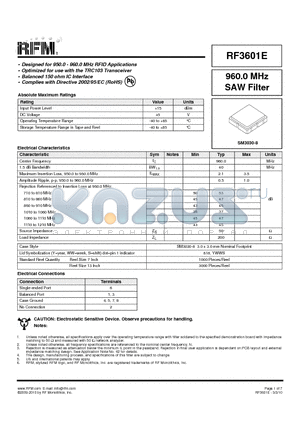 RF3601E datasheet - 960.0 MHz SAW Filter