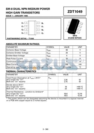 ZDT1049 datasheet - SM-8 DUAL NPN MEDIUM POWER HIGH GAIN TRANSISTORS