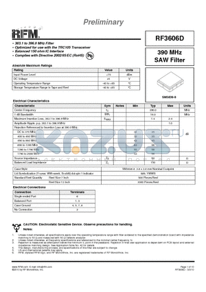 RF3606D datasheet - 390 MHz SAW Filter