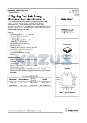 MMA6280Q datasheet - a1.5g - 6g Dual Axis Low-g Micromachined Accelerometer