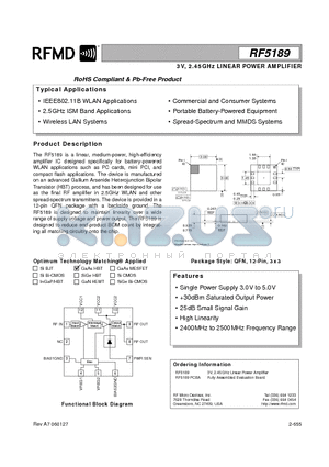 RF5189 datasheet - 3V, 2.45GHz LINEAR POWER AMPLIFIER