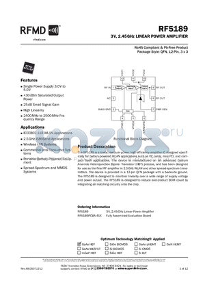 RF5189 datasheet - 3V, 2.45GHz LINEAR POWER AMPLIFIER